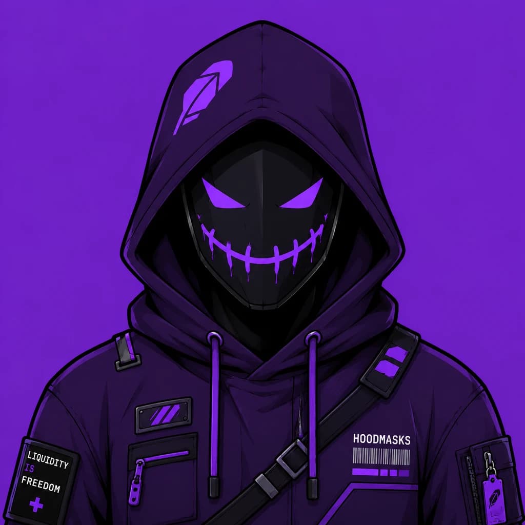 A violet hooded mask with a shoulder patch reading Liquidity Is Freedom on a purple ground